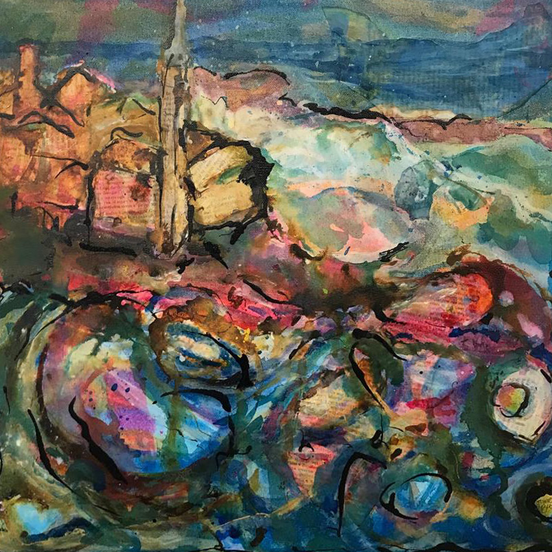 Painting and collage of sea and shore